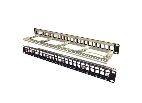 24 port empty patch panel front and rear views with cable managerment FFK24mtpt