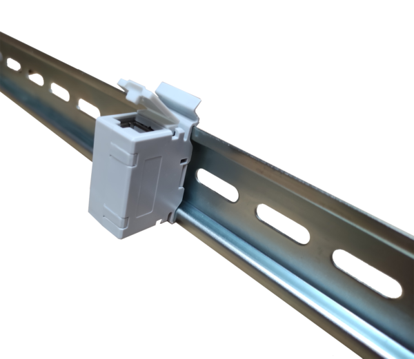 Compact Shielded CAT6A through coupler, DIN rail mount illustrative image flap open SGACDINS