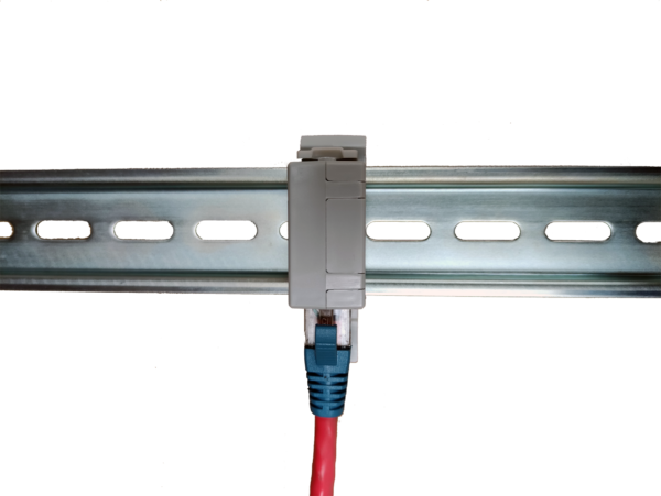 Compact Shielded CAT6A through coupler, DIN rail mount illustrative image cable inserted SGACDINS