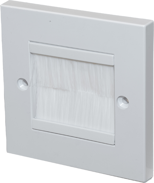 Single gang Euro faceplate fitted with brush strips, White with white brushes.