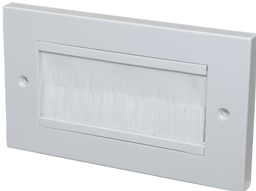 Twin gang Euro faceplate fitted with brush strips, White with white brushes.