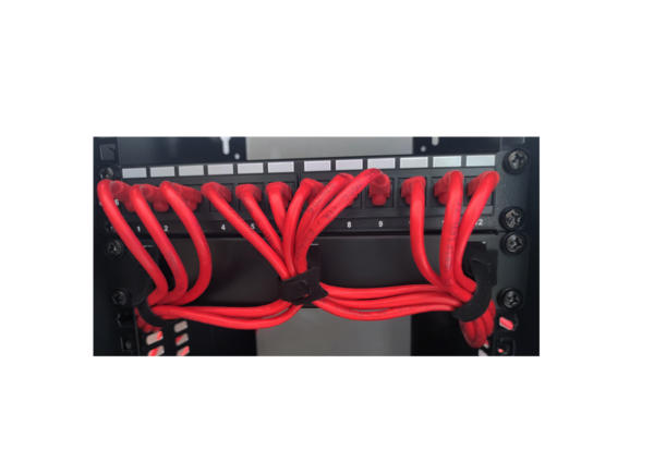 miniMEDIA 10 inch cable management bar illustrative image with patch panel. MCM1U3/10PT